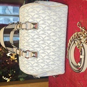 Michael Kors Grayson Navy/White Cream Satchel with Gold Accents